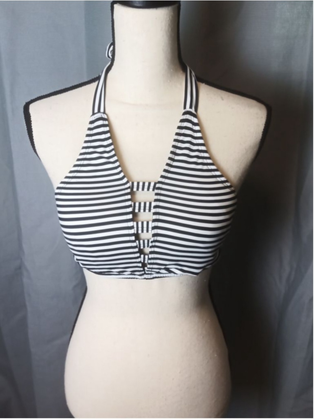 Women's Bikini Top Black White Stripe Halter Medium